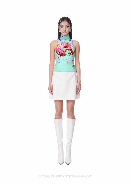 Pink Donut On Mint Green Y2K Knit Turtleneck Tank Top Cherrykitten