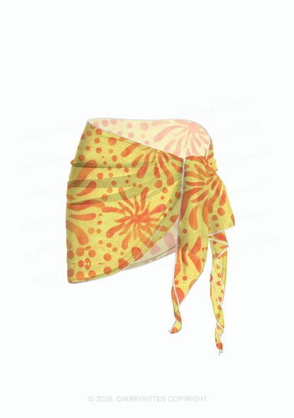 Orange Sunburst Floral Y2K Print Bikini Set Cherrykitten
