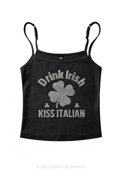 Rhinestone Drink Irish Kiss Italian St Patricks Y2K Spaghetti Strap Cami Cherrykitten