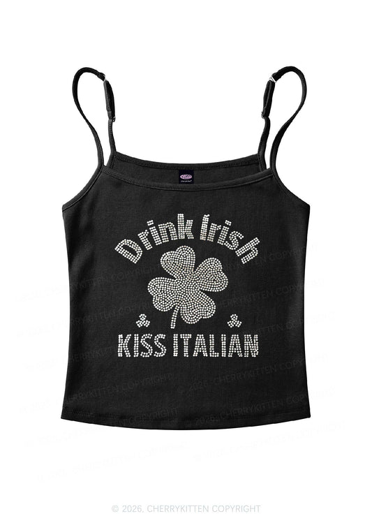 Rhinestone Drink Irish Kiss Italian St Patricks Y2K Spaghetti Strap Cami Cherrykitten