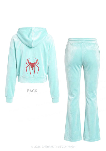 Rhinestone Red Spider Y2K Velvet Tracksuit Set Cherrykitten