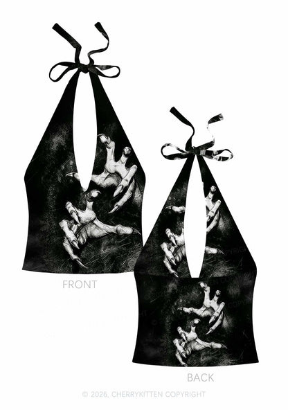 Halloween Black Demon Claws Y2K Print Halter Deep V Neck Cami Cherrykitten