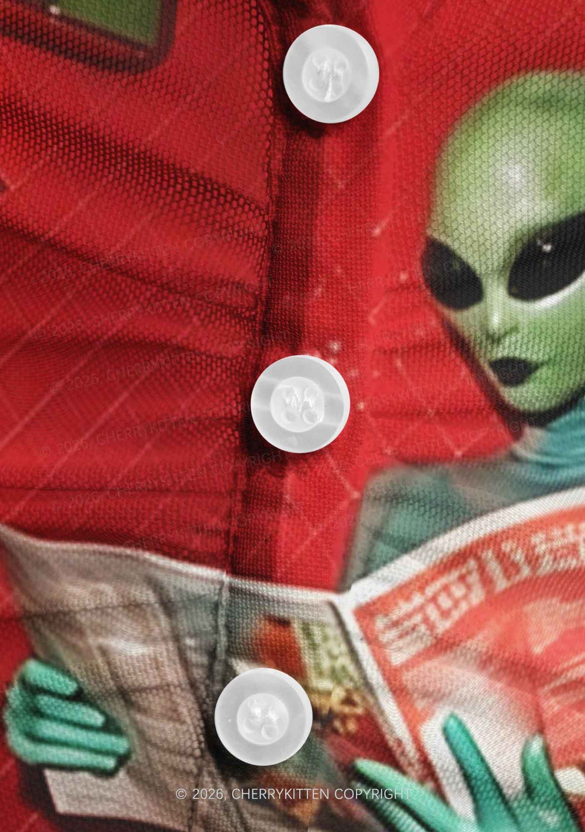 Halloween Alien On Toilet Y2K Mesh Ruched Waist V Neck Top Cherrykitten