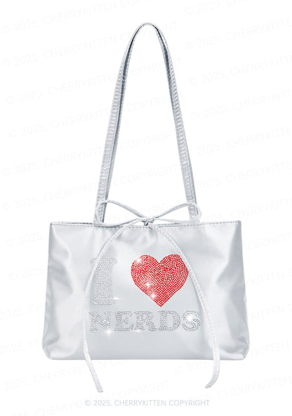 Rhinestone I Love Nerds Y2K Satin Bags Cherrykitten