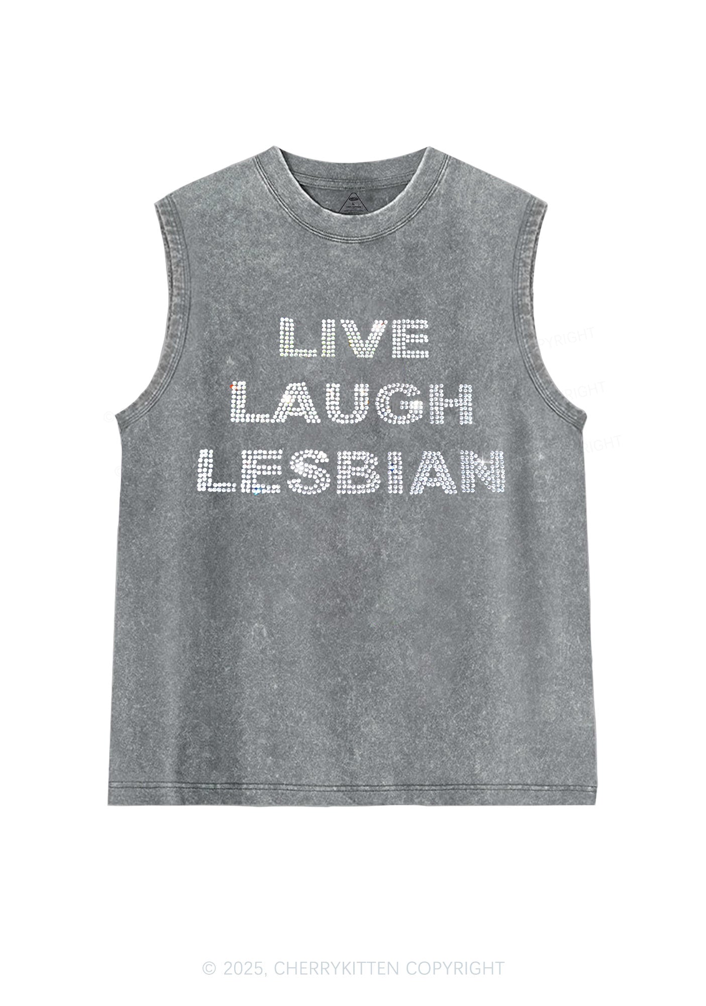 Rhinestone Live Laugh Lesbian Pride Y2K Washed Muscle Tank Cherrykitten