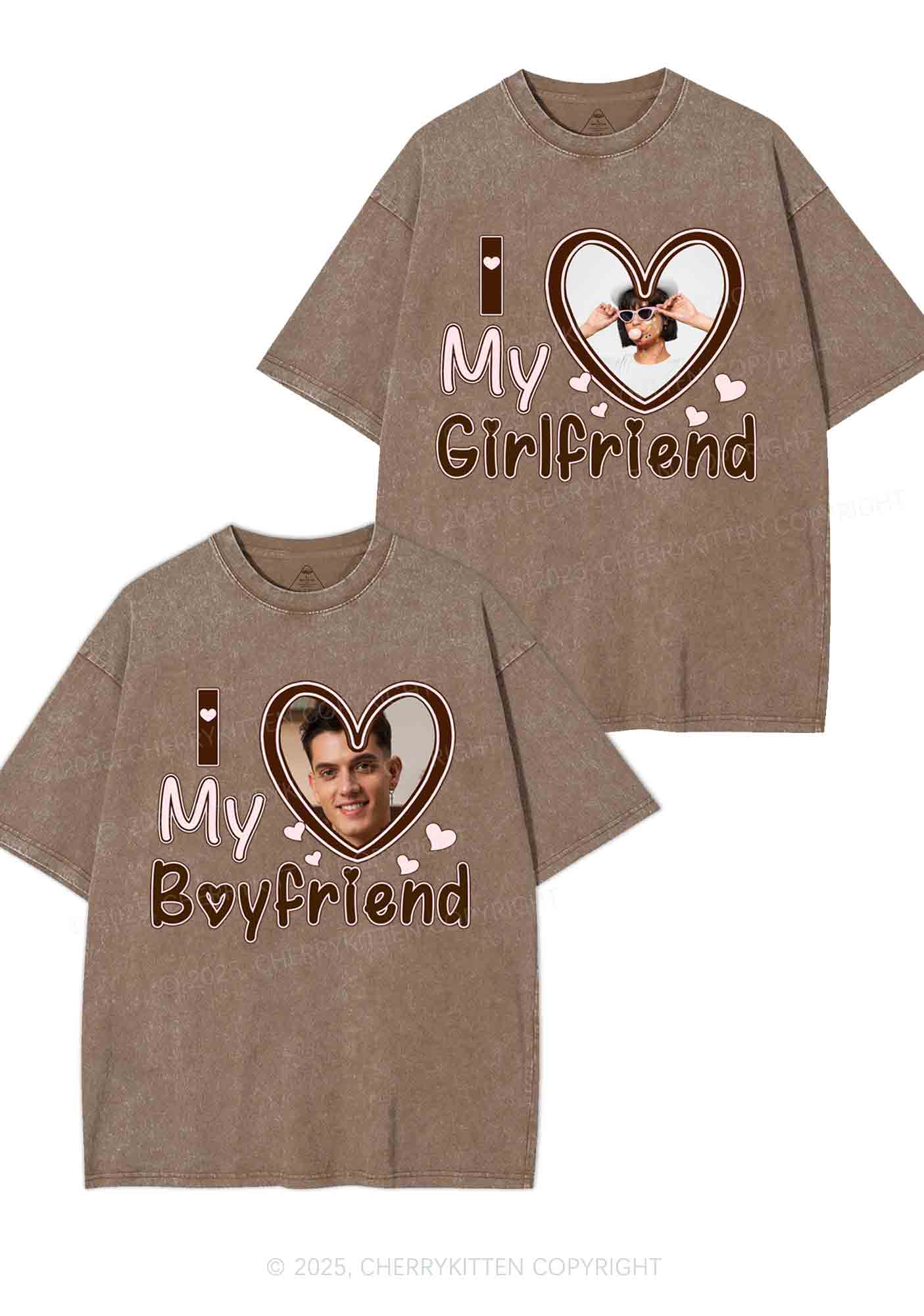 Custom BF GF Brown Heart Y2K Valentine's Day Washed Tee Cherrykitten