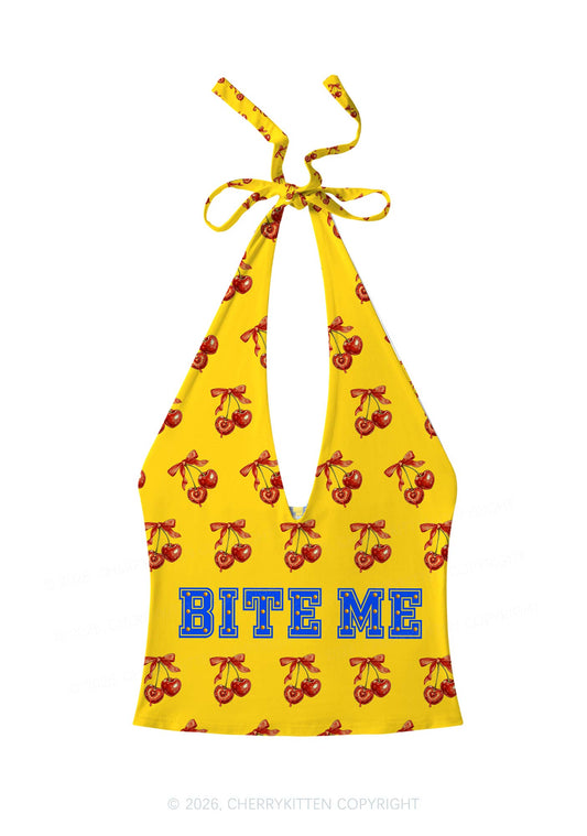 Yellow Bite Me Y2K Print Halter Deep V Neck Cami Cherrykitten