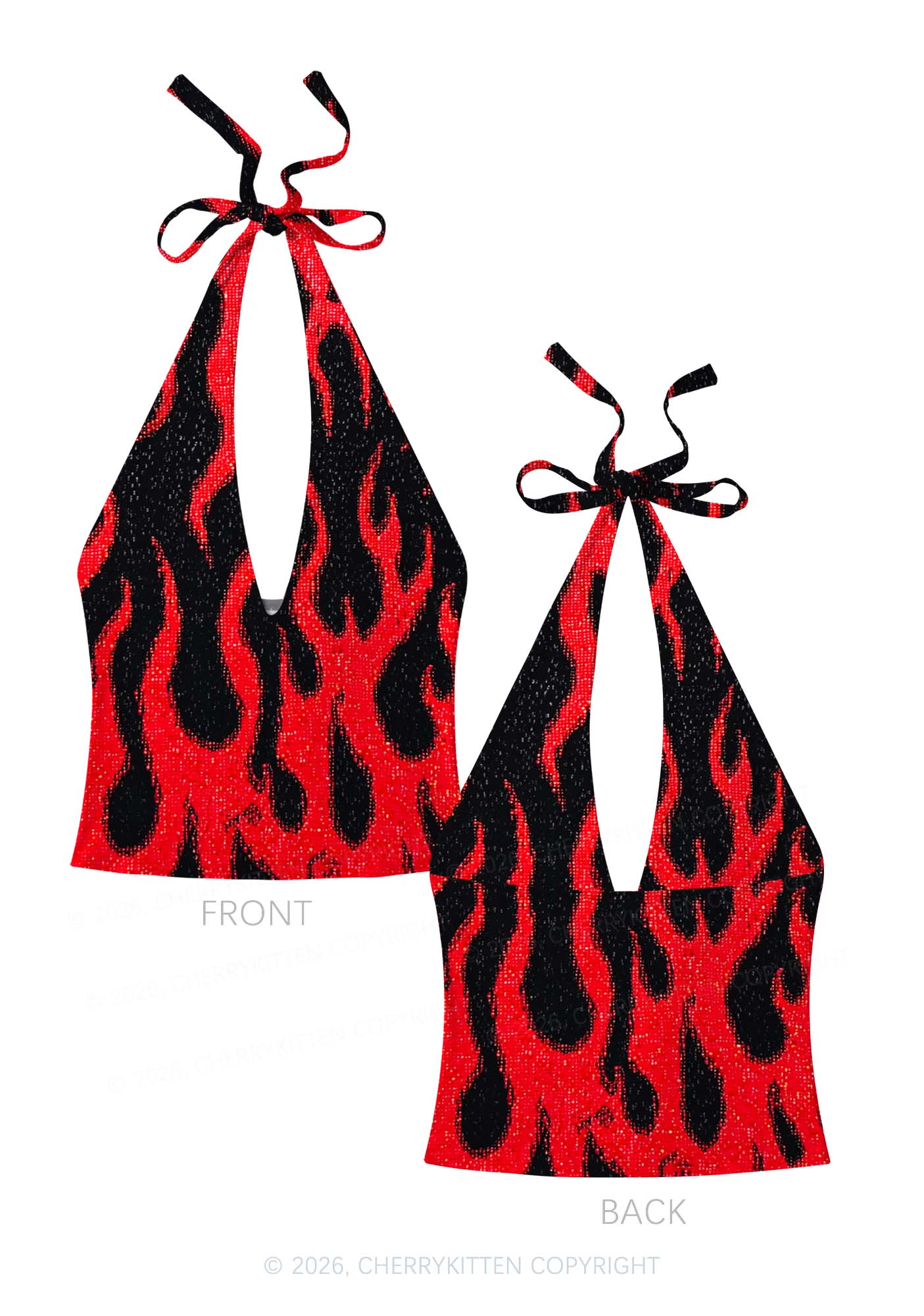 Red Flame Y2K Print Halter Deep V Neck Cami Cherrykitten