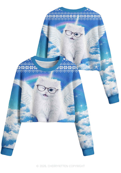 White Angel Glasses Cat Y2K Crop Knit Sweatshirt Cherrykitten