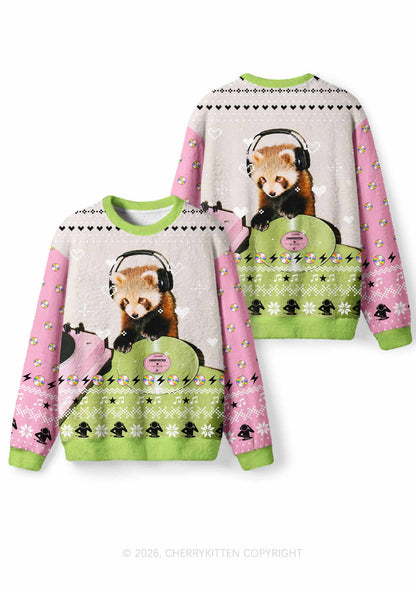 Red Panda DJ Y2K Christmas Knit Sweatshirt Cherrykitten