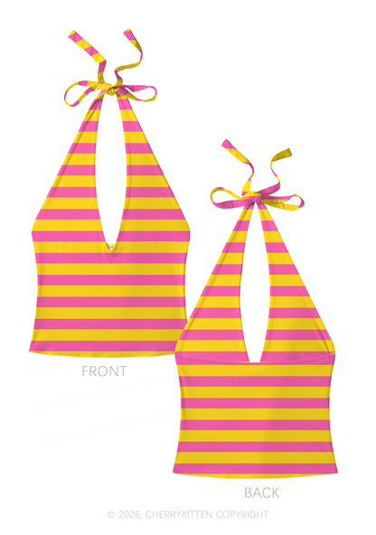Pink And Yellow Stripes Y2K Print Halter Deep V Neck Cami Cherrykitten