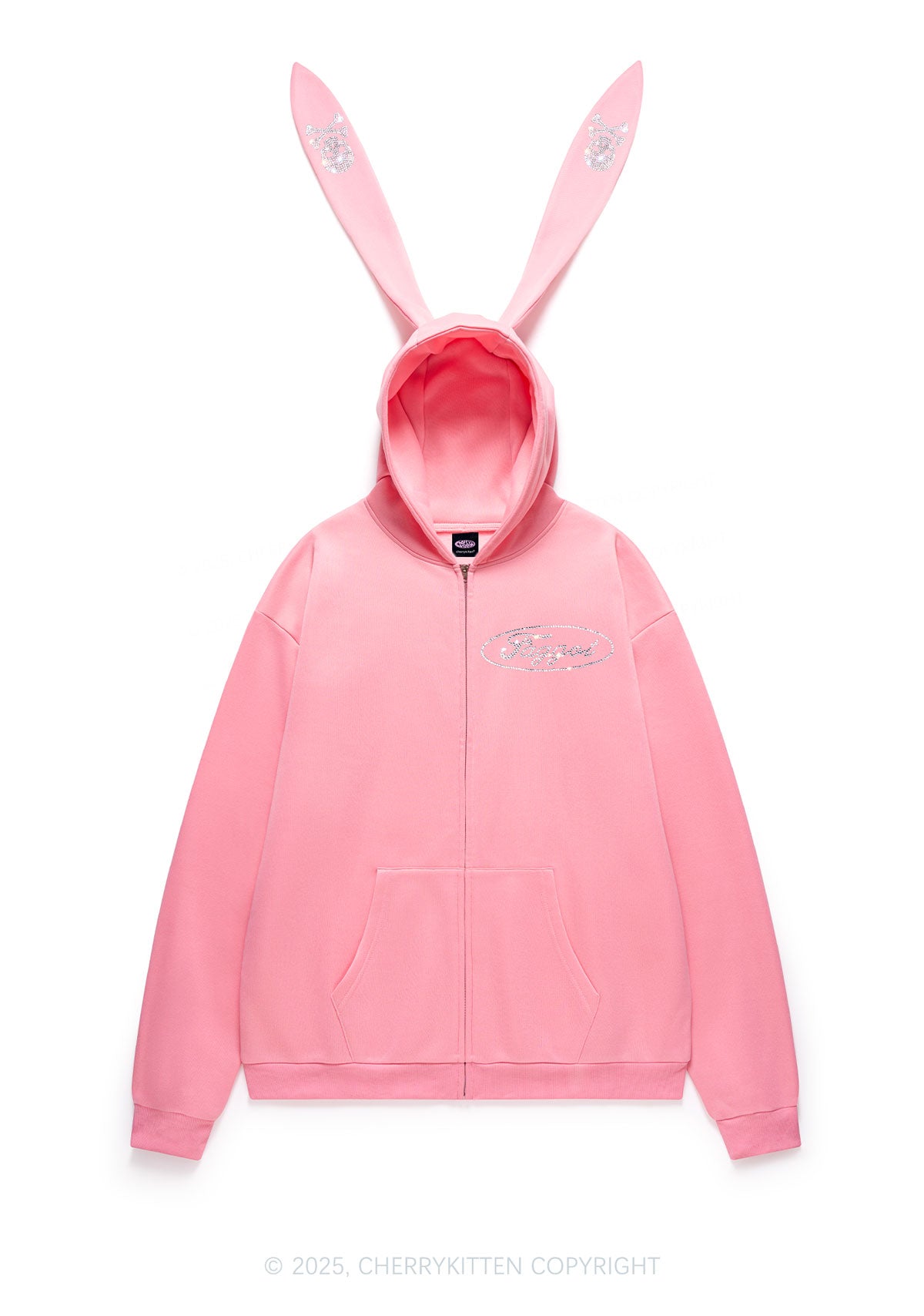 Rhinestone Faggot Pride Y2K Bunny Ear Zip Hoodie Cherrykitten