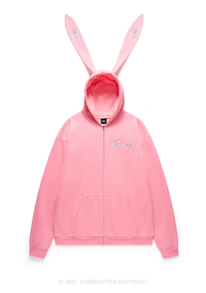 Rhinestone Faggot Pride Y2K Bunny Ear Zip Hoodie Cherrykitten