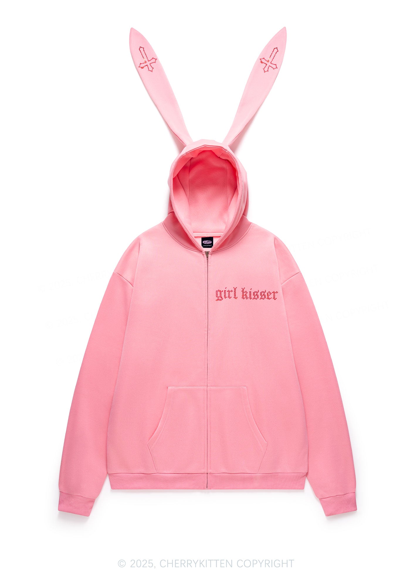 Rhinestone Girl kisser Pride Y2K Bunny Ear Zip Hoodie Cherrykitten