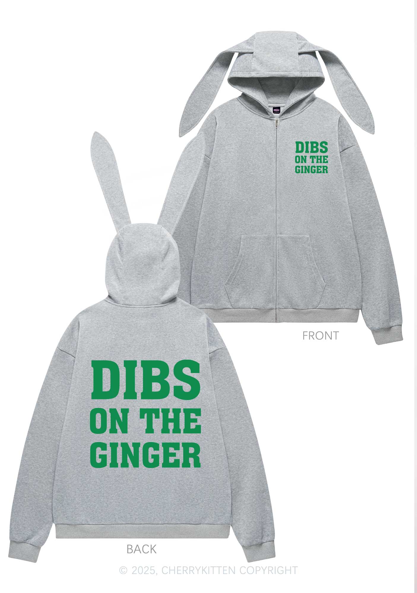 Dibs On The Ginger St Patricks Y2K Bunny Ear Zip Hoodie Cherrykitten
