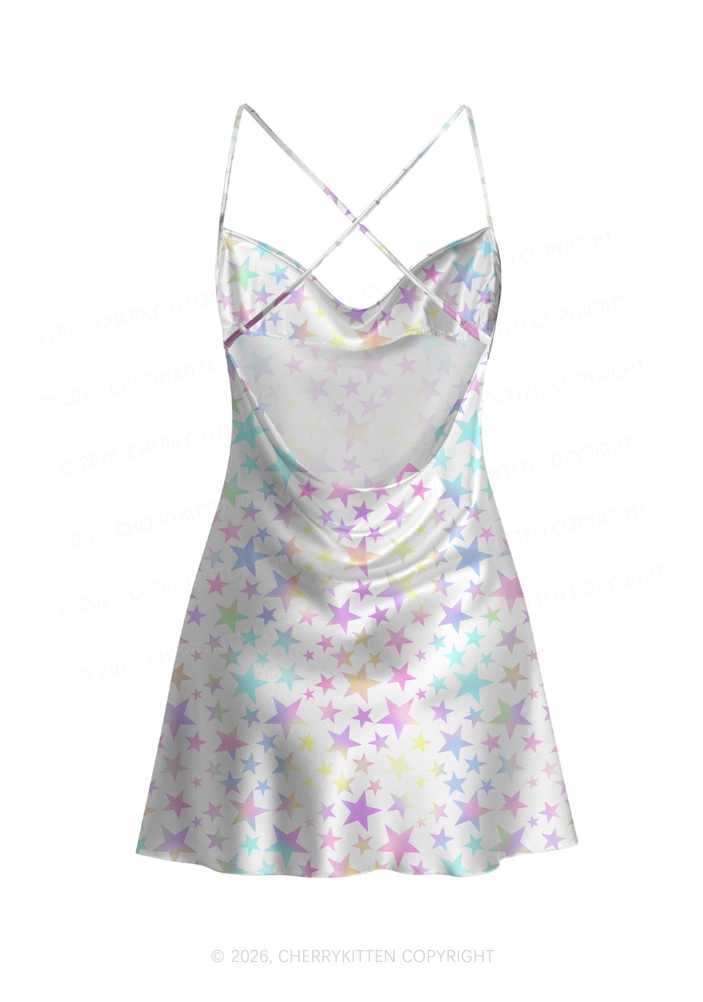 Pastel Star Alpha Male Y2K Print Satin Cowl Neck Slip Dress Cherrykitten