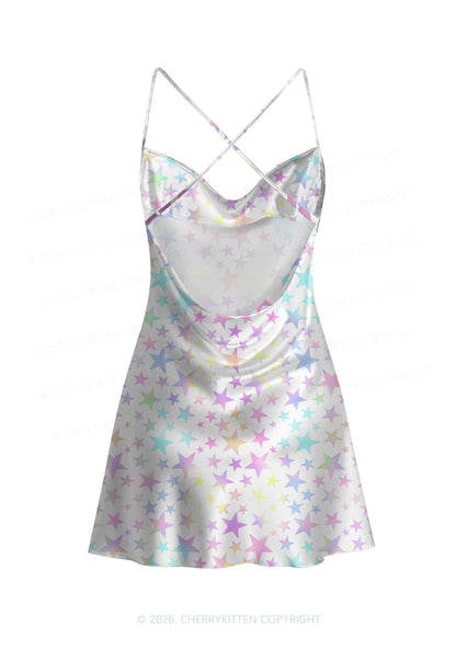 Pastel Star Alpha Male Y2K Print Satin Cowl Neck Slip Dress Cherrykitten