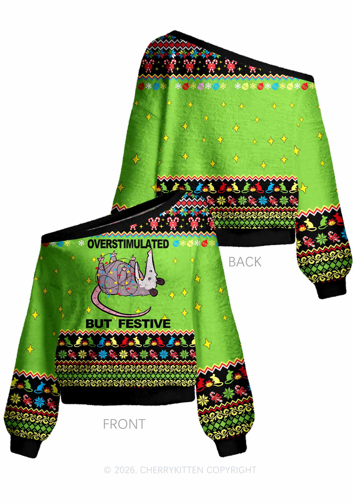 Overstimulated But Festive Y2K Off Shoulder Knit Sweatshirt Cherrykitten