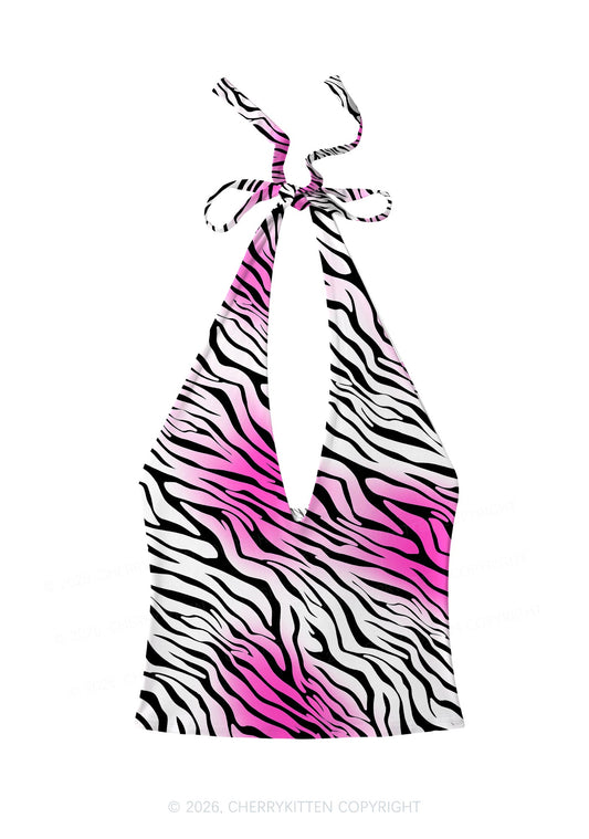 Gradient Pink Zebra Stripe Y2K Print Halter Deep V Neck Cami Cherrykitten
