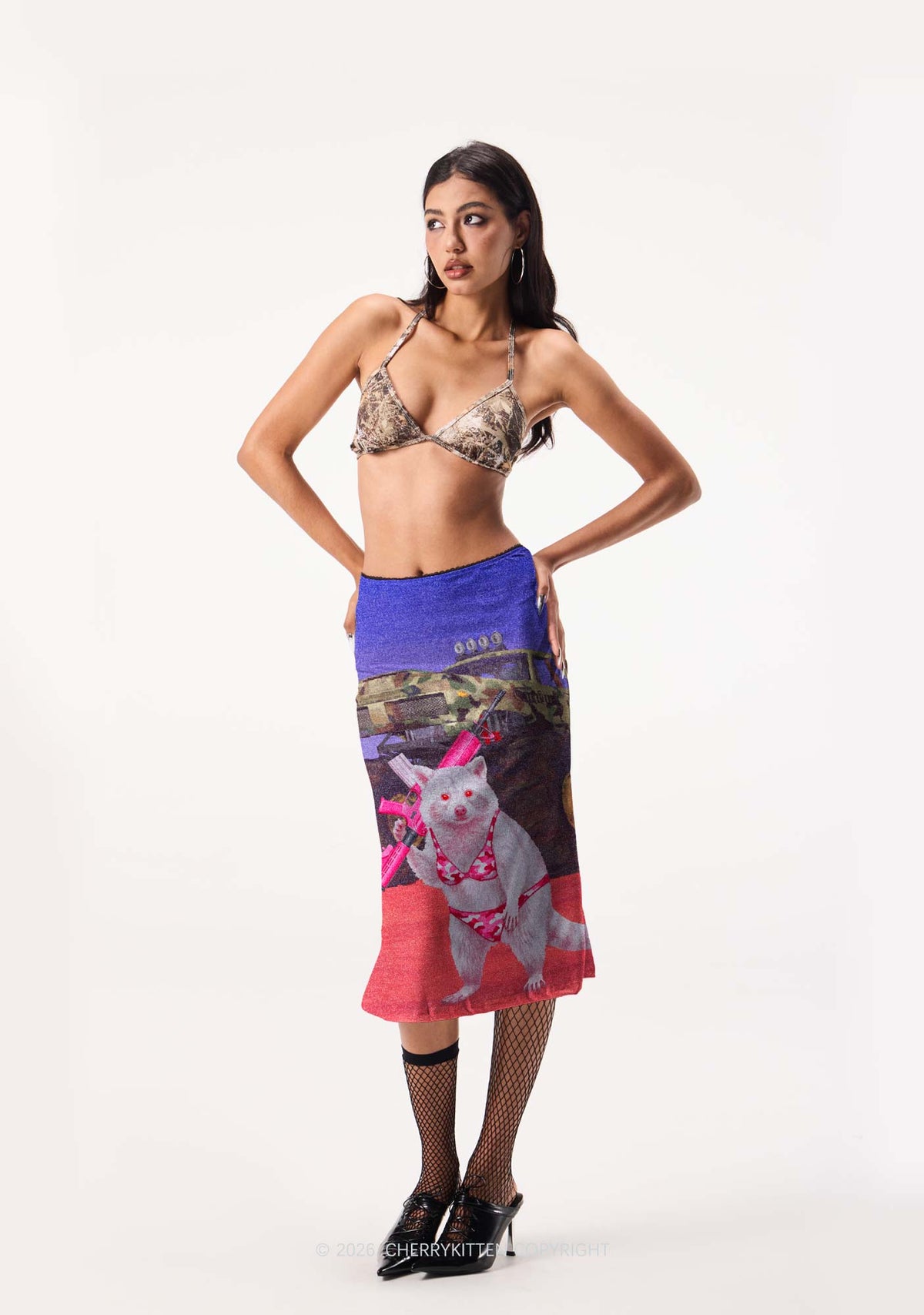 Red Camouflage Bikini Raccoon Y2K Print Midi Skirt Cherrykitten