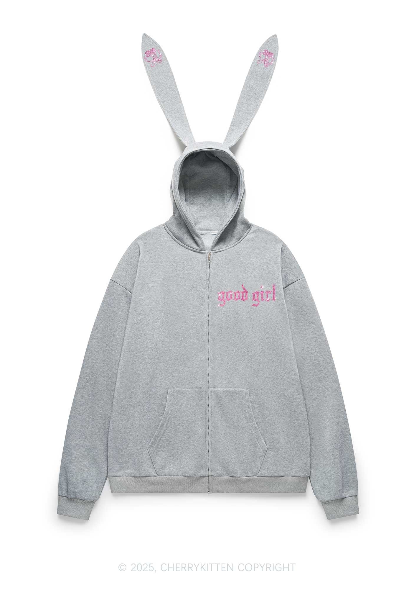 Rhinestone Good Girl Y2K Bunny Ear Zip Hoodie Cherrykitten