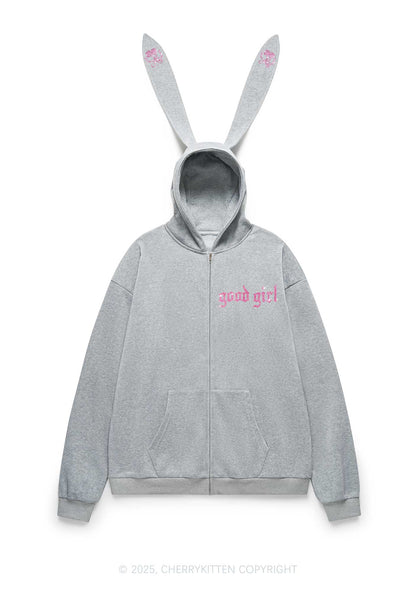 Rhinestone Good Girl Y2K Bunny Ear Zip Hoodie Cherrykitten