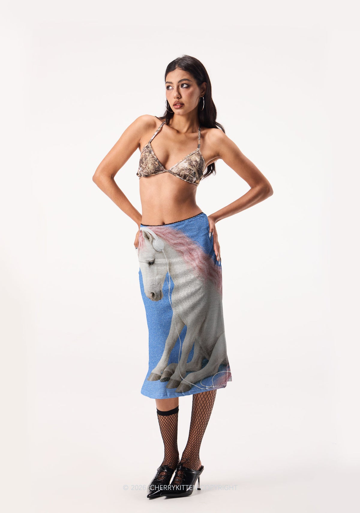 Pink Mane Horse With Headphones Y2K Print Midi Skirt Cherrykitten