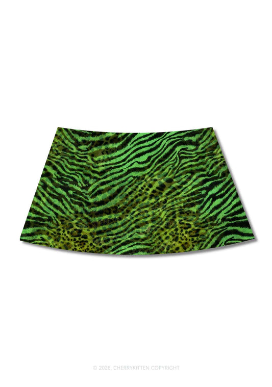 Green Zebra Leopard Pattern St Patricks Y2K Print Mini Skirt Cherrykitten