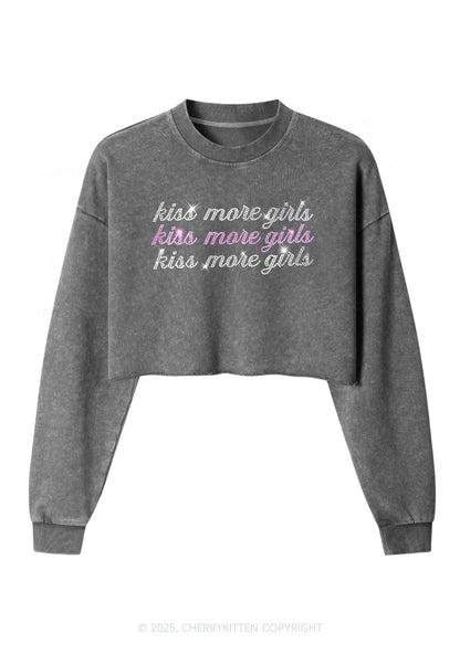 Rhinestone Kiss More Girls Pride Y2K Crop Washed Sweatshirts Cherrykitten