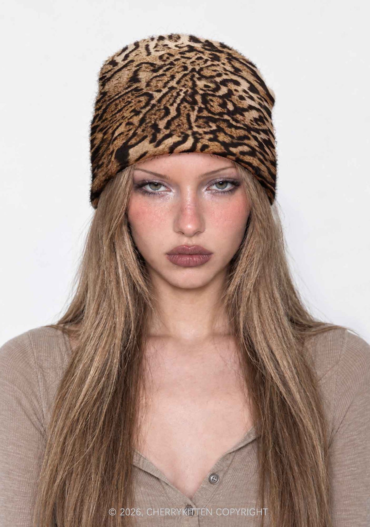 Brown Black Leopard Y2K Print Knit Beanie Cherrykitten
