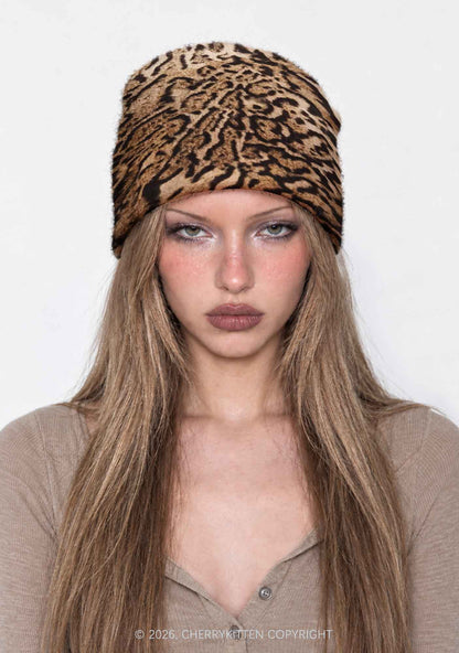 Brown Black Leopard Y2K Print Knit Beanie Cherrykitten
