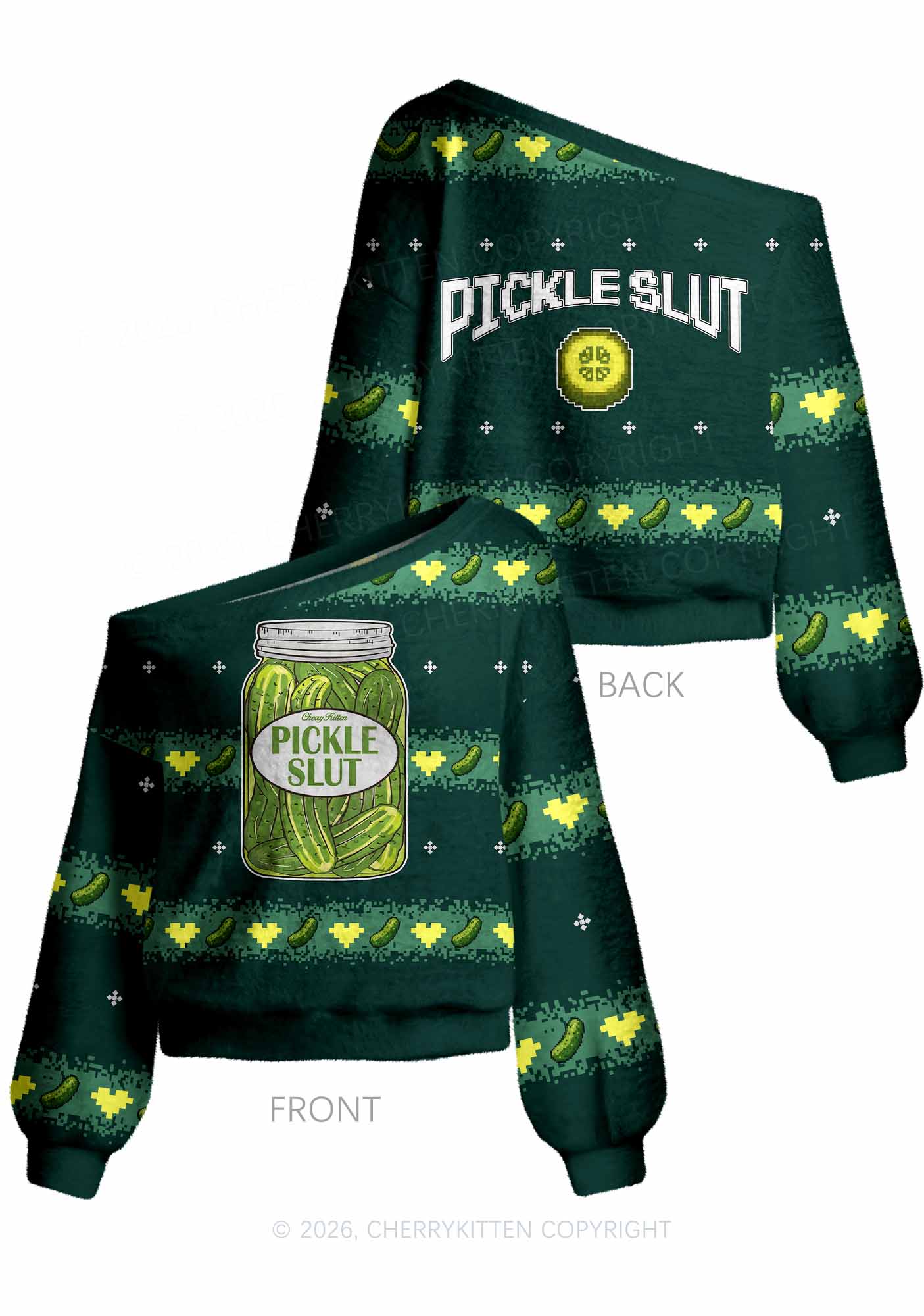 Green Pickle Slxt Y2K Off Shoulder Knit Sweatshirt Cherrykitten