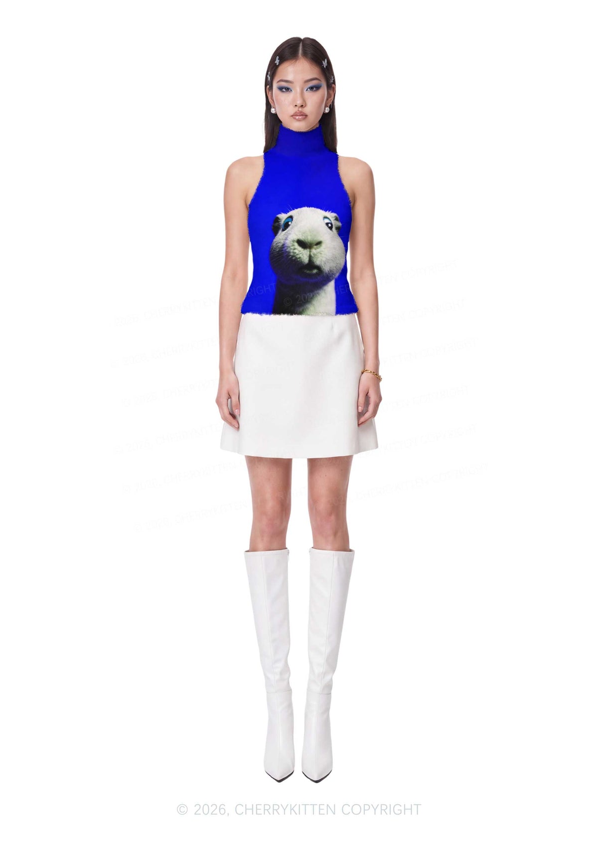 Guinea Pig On Blue Y2K Knit Turtleneck Tank Top Cherrykitten