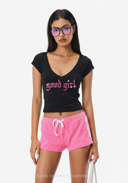 Rhinestone Good Girl Y2K V Neck T Shirts Cherrykitten