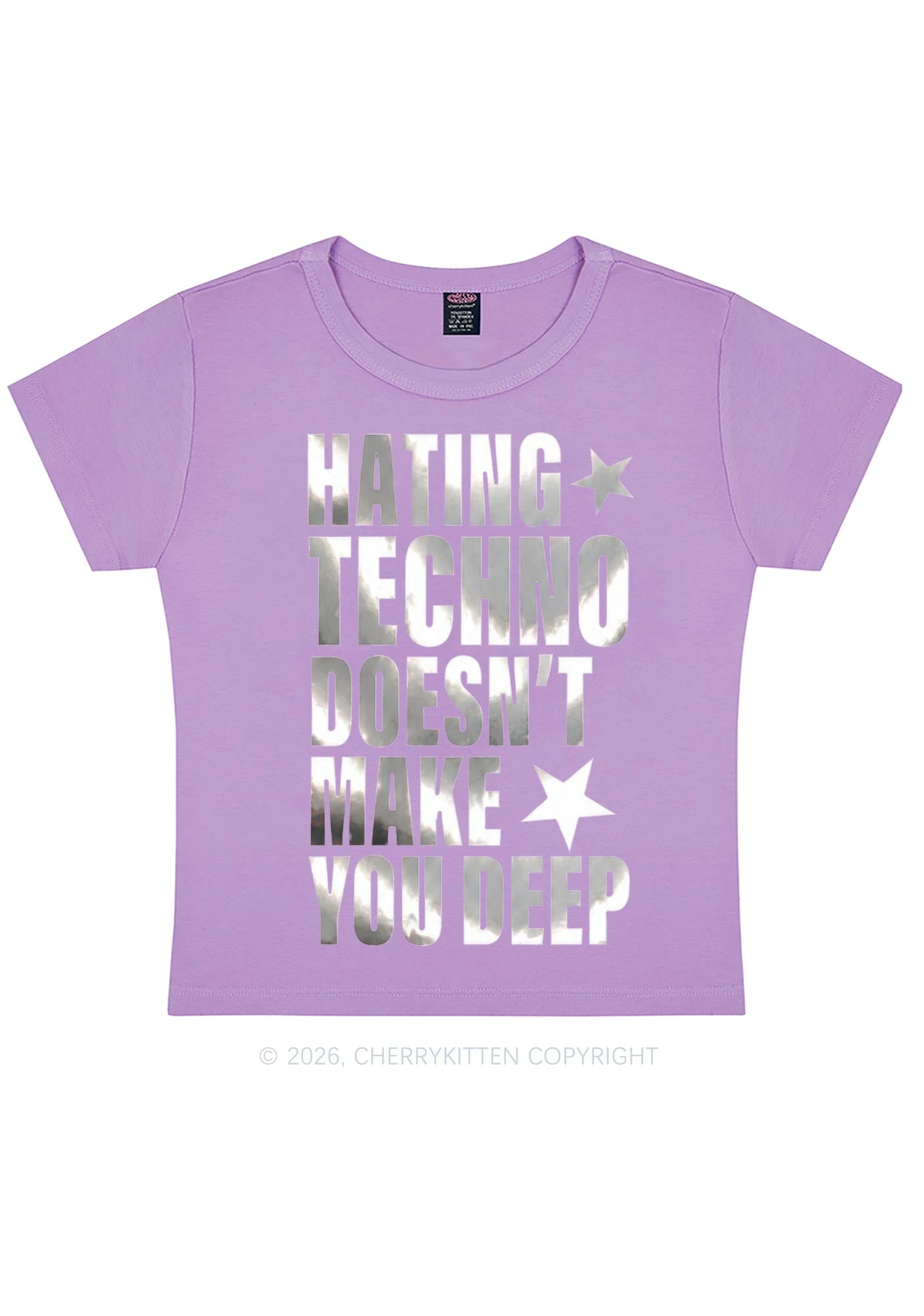 Hating Techno Silver Foil Printed Y2K Baby Tee Cherrykitten