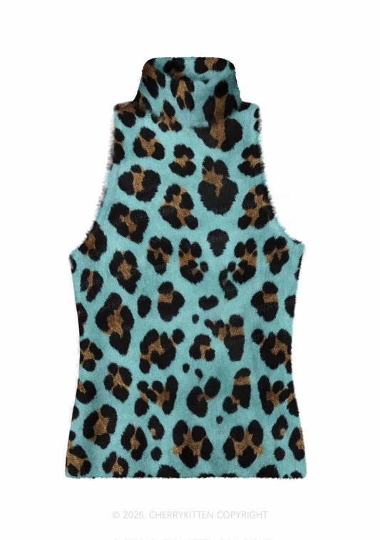 Mint Green Leopard Y2K Knit Turtleneck Tank Top Cherrykitten