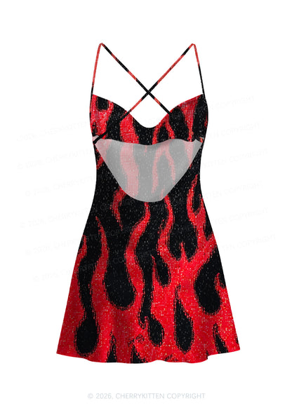 Glitter Flame Y2K Print Satin Cowl Neck Slip Dress Cherrykitten
