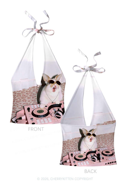 Dj Bunny Y2K Print Halter Deep V Neck Cami Cherrykitten