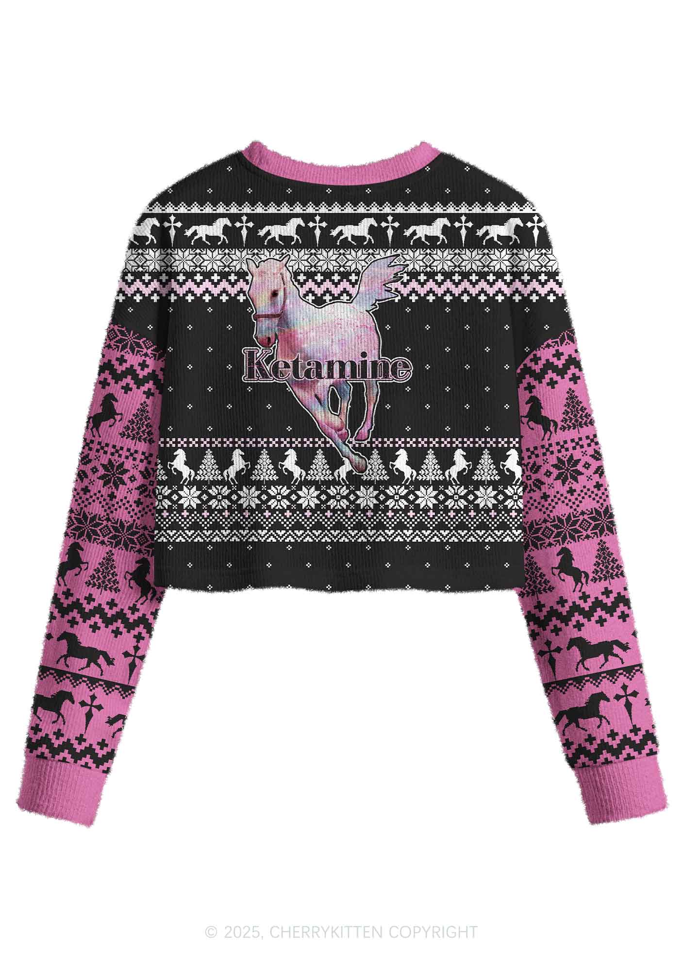 Pink Horse Y2K Christmas Crop Knit Sweatshirt Cherrykitten
