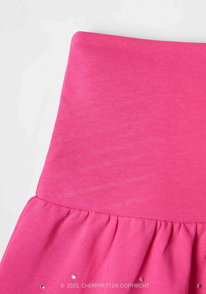 Plain Y2K Pink Ruffled Rhinestone Mini Skirt Cherrykitten