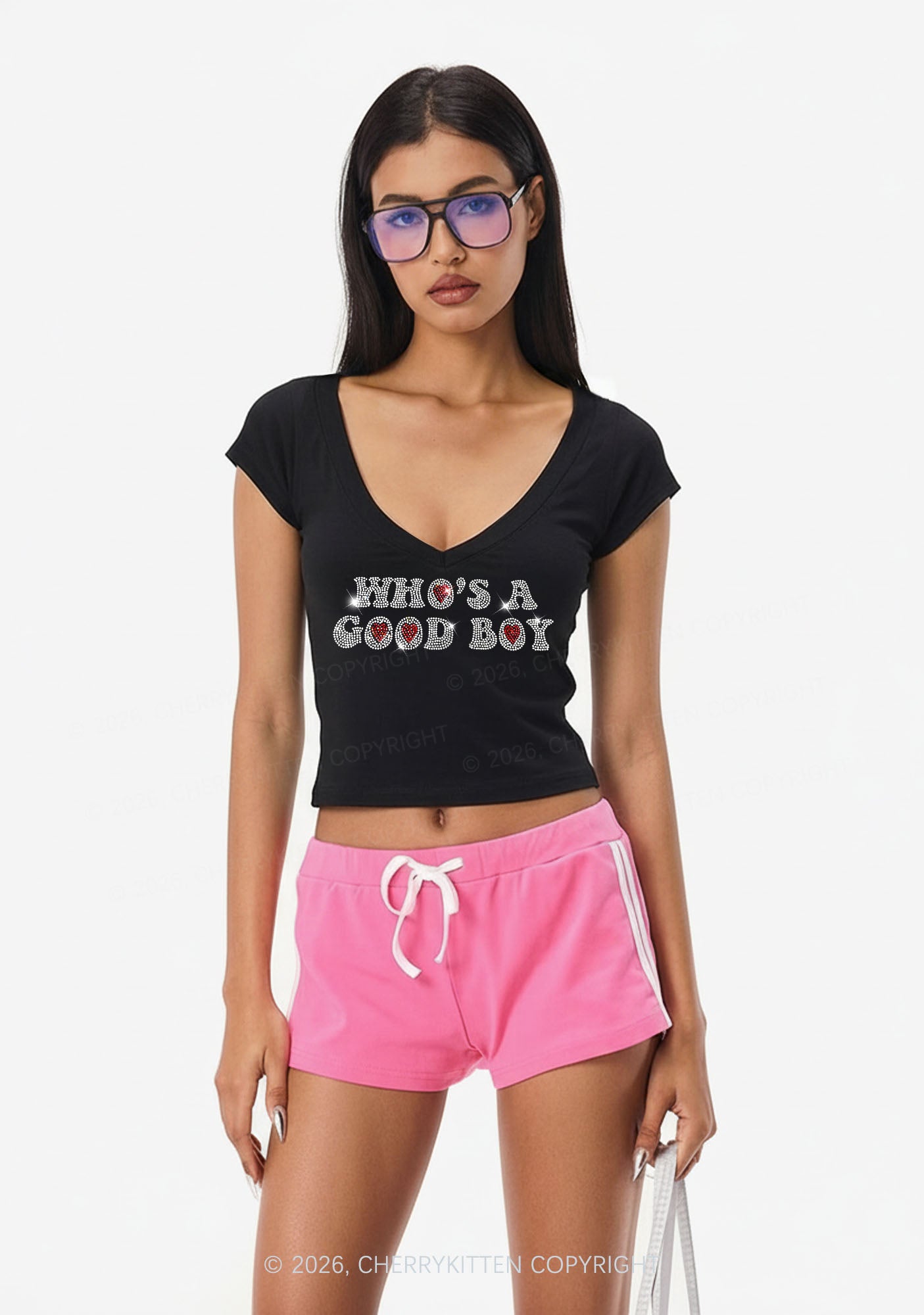 Rhinestone Whos A Good Boy Y2K V Neck T Shirts Cherrykitten