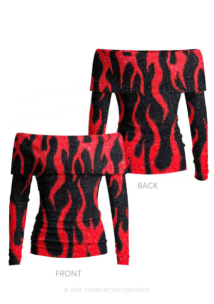 Red Flame Y2K Off Shoulder Fold Over Knit Top Cherrykitten