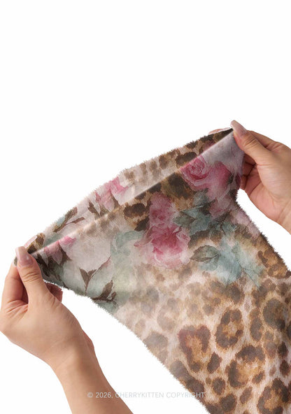 Pink Rose Leopard Y2K Print Fuzzy Flared Leg Warmers Cherrykitten
