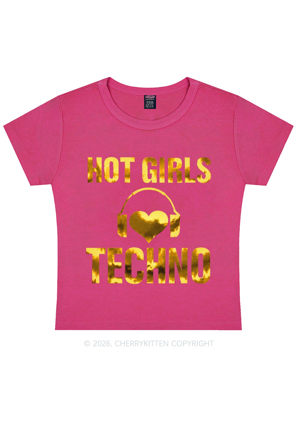 Hot Girls Love Techno Silver Foil Printed Y2K Baby Tee Cherrykitten
