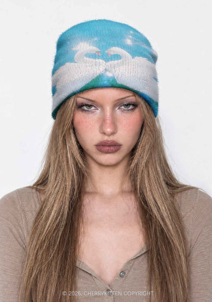 Swan Lovers Y2K Print Knit Beanie Cherrykitten