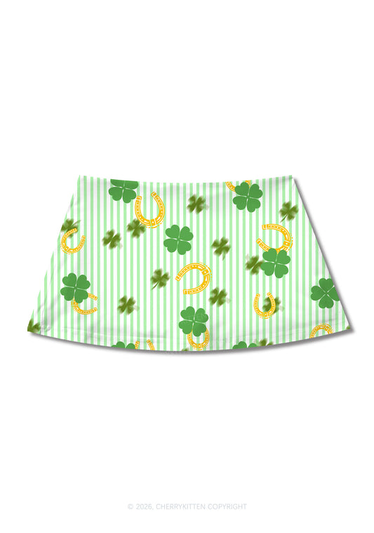 Green Stripe Clover Horseshoe St Patricks Y2K Print Mini Skirt Cherrykitten