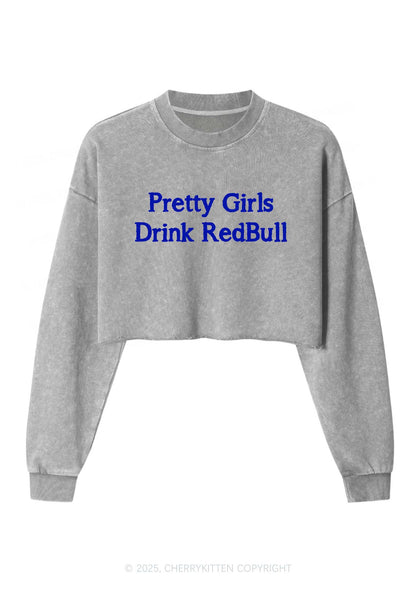 Pretty Girls Drink Red Y2K Crop Washed Sweatshirts Cherrykitten