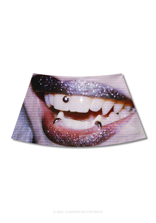 Halloween Punk Lips Y2K Print Mini Skirt Cherrykitten