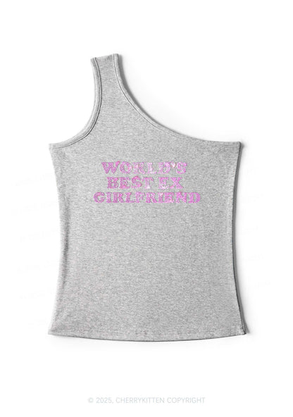 Rhinestone Best Ex Girlfriend Y2K One Shoulder Tank Top Cherrykitten