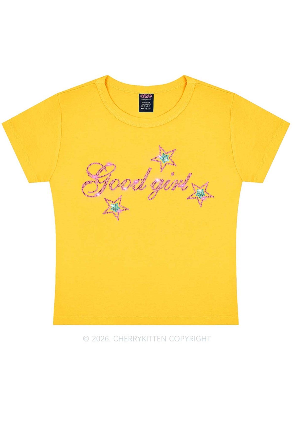Rhinestone Good Girl Pink Star Y2K Baby Tee Cherrykitten